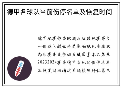 德甲各球队当前伤停名单及恢复时间
